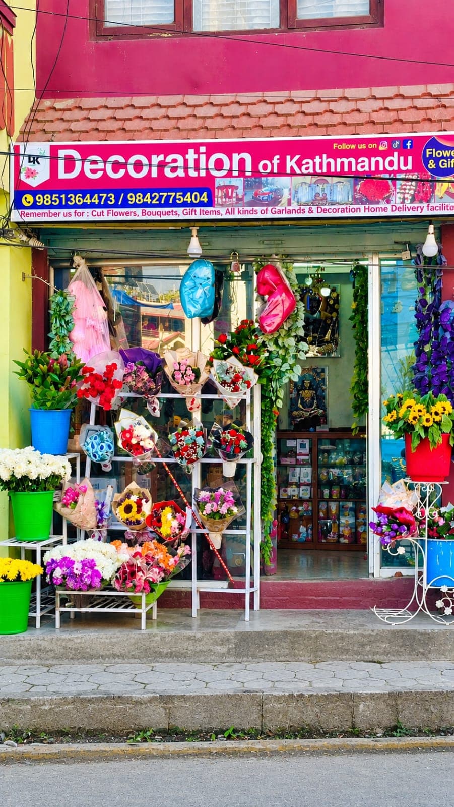 Decoration of Kathmandu flower shop with bouquets on display