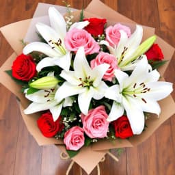 Lily,red rose,pink rose bouquet
